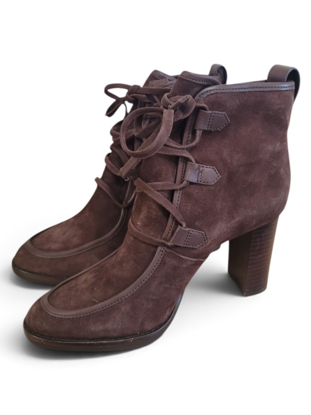 New Lauren Ralph Lauren Mable Suede Lace Up High Heel Ankle Boots Brown 6.5